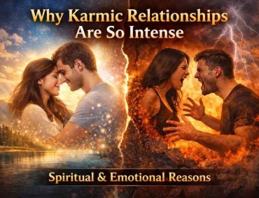 Why karmic relationships are so intense illustrated by a calm loving couple on one side and a fiery emotional couple arguing on the other, showing peace versus karmic intensity
