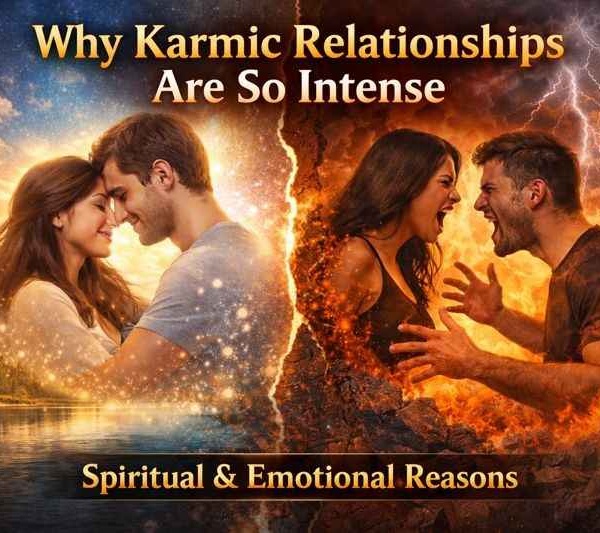 Why karmic relationships are so intense illustrated by a calm loving couple on one side and a fiery emotional couple arguing on the other, showing peace versus karmic intensity