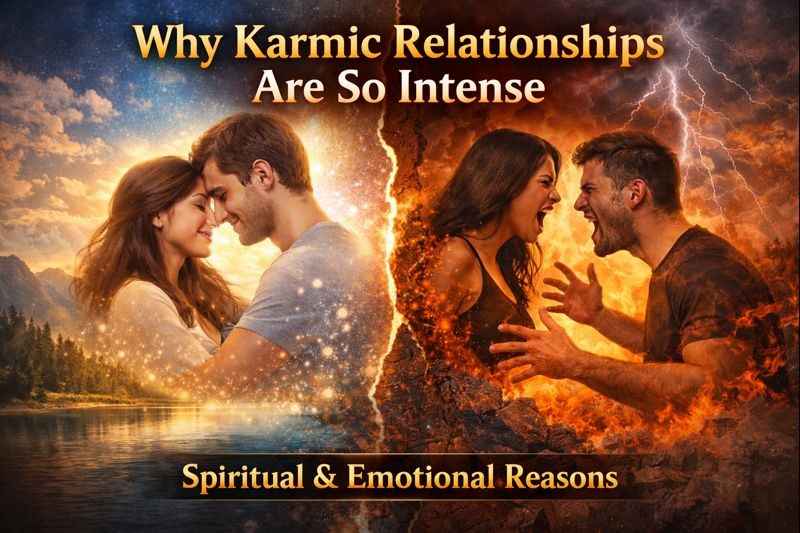Why karmic relationships are so intense illustrated by a calm loving couple on one side and a fiery emotional couple arguing on the other, showing peace versus karmic intensity