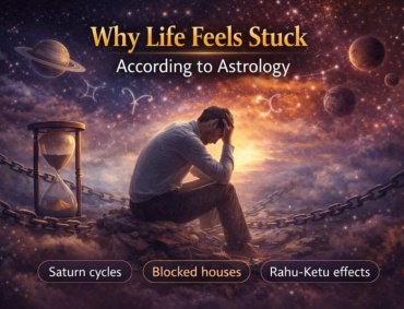 Person sitting thoughtfully in a cosmic scene with planets and chains, symbolizing why life feels stuck according to astrology