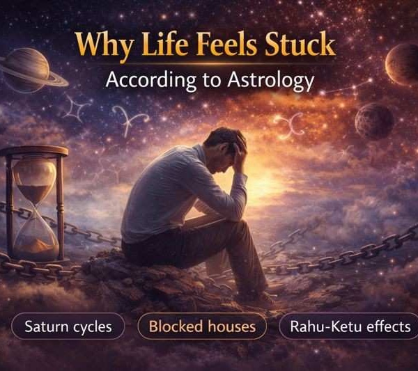 Person sitting thoughtfully in a cosmic scene with planets and chains, symbolizing why life feels stuck according to astrology