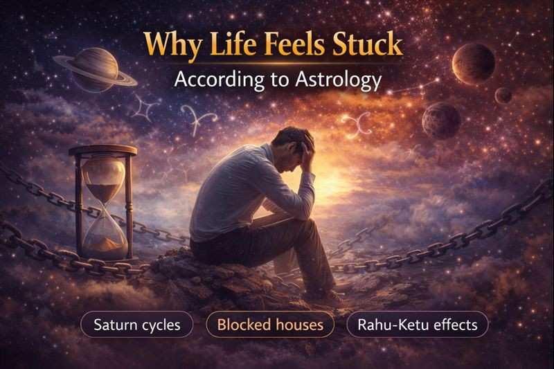 Person sitting thoughtfully in a cosmic scene with planets and chains, symbolizing why life feels stuck according to astrology