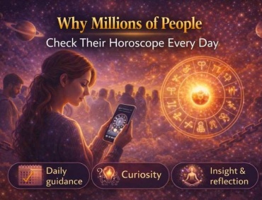 Woman checking her horoscope on a smartphone with a zodiac wheel in the background, showing why millions of people read horoscopes daily