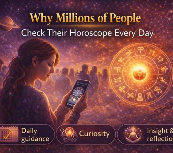 Woman checking her horoscope on a smartphone with a zodiac wheel in the background, showing why millions of people read horoscopes daily