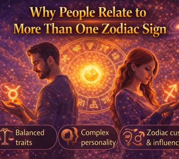 Man and woman holding different zodiac symbols with a glowing zodiac wheel, showing why people relate to more than one zodiac sign