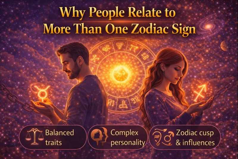 Man and woman holding different zodiac symbols with a glowing zodiac wheel, showing why people relate to more than one zodiac sign