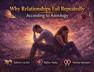 Couple sitting back to back in a cosmic scene symbolizing why relationships fail repeatedly according to astrology