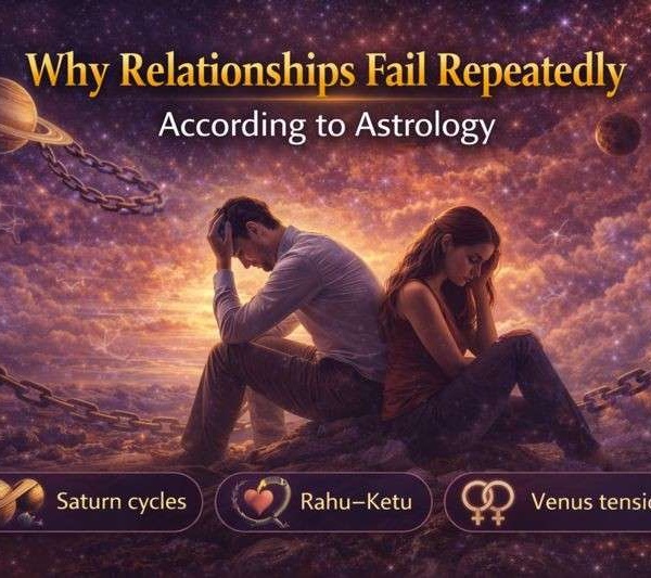 Couple sitting back to back in a cosmic scene symbolizing why relationships fail repeatedly according to astrology