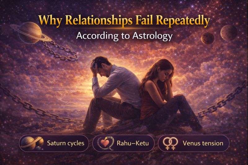 Couple sitting back to back in a cosmic scene symbolizing why relationships fail repeatedly according to astrology