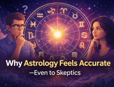 Feature image showing a skeptic and a believer examining an astrological zodiac wheel, illustrating why astrology feels accurate even to skeptics