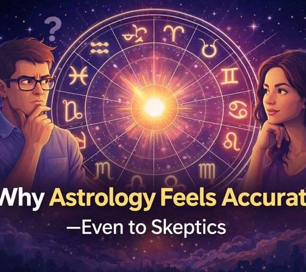 Feature image showing a skeptic and a believer examining an astrological zodiac wheel, illustrating why astrology feels accurate even to skeptics