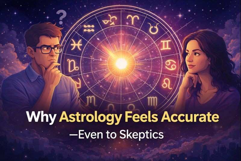 Feature image showing a skeptic and a believer examining an astrological zodiac wheel, illustrating why astrology feels accurate even to skeptics