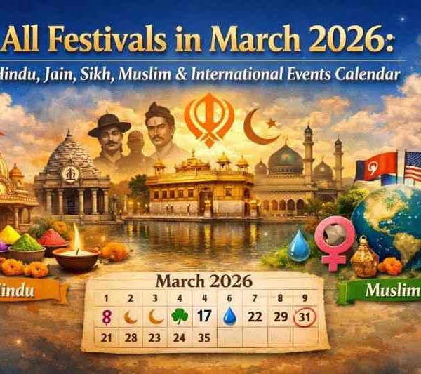 "All festivals in March 2026 calendar showing Hindu, Jain, Sikh, Muslim and international observances"