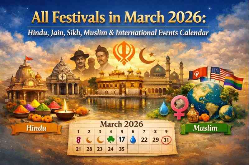 "All festivals in March 2026 calendar showing Hindu, Jain, Sikh, Muslim and international observances"