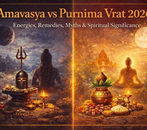 Amavasya vs Purnima Vrat 2026 with Shiva Lingam rituals under new moon and Lakshmi-Buddha puja under full moon