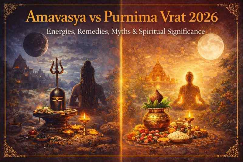 Amavasya vs Purnima Vrat 2026 with Shiva Lingam rituals under new moon and Lakshmi-Buddha puja under full moon