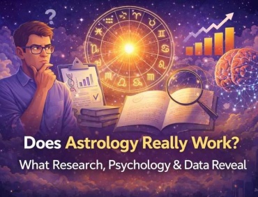 Illustration questioning whether astrology works, with zodiac symbols, research charts, a brain, and magnified data representing science, psychology, and skepticism