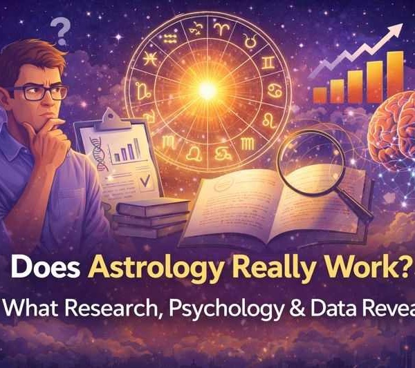 Illustration questioning whether astrology works, with zodiac symbols, research charts, a brain, and magnified data representing science, psychology, and skepticism