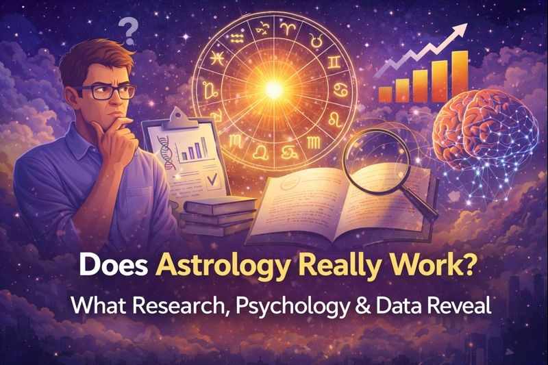 Illustration questioning whether astrology works, with zodiac symbols, research charts, a brain, and magnified data representing science, psychology, and skepticism