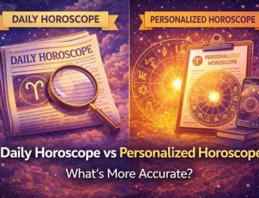 Illustration comparing daily horoscopes in newspapers with personalized birth-chart horoscopes to show which is more accurate.