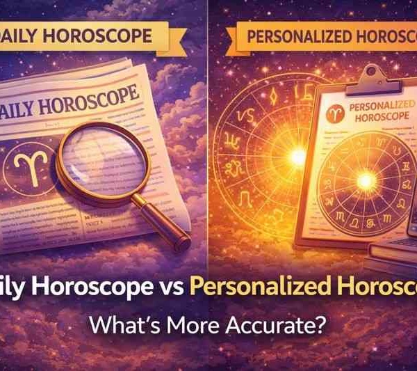 Illustration comparing daily horoscopes in newspapers with personalized birth-chart horoscopes to show which is more accurate.
