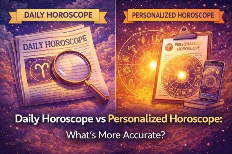 Illustration comparing daily horoscopes in newspapers with personalized birth-chart horoscopes to show which is more accurate.
