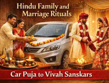 Indian family performing car puja and a couple doing Hindu vivah sanskar rituals during a traditional wedding ceremony