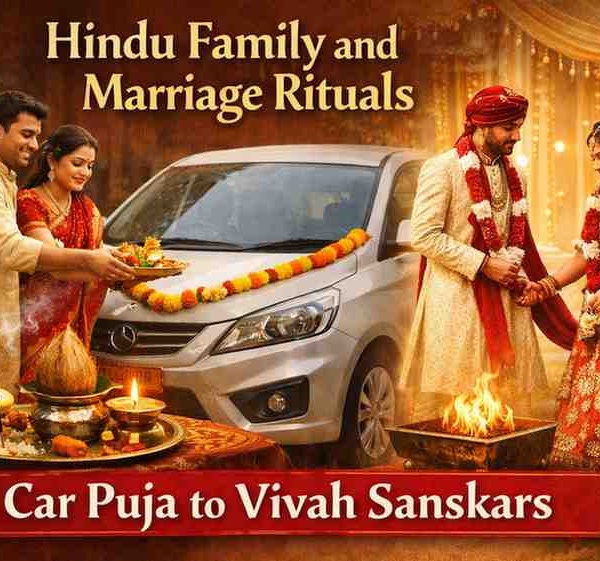 Indian family performing car puja and a couple doing Hindu vivah sanskar rituals during a traditional wedding ceremony