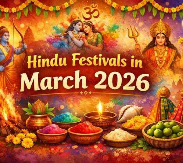 Hindu festivals in March 2026 including Holi, Chaitra Navratri, Rama Navami, Ekadashi vrats, and Hindu New Year celebrations