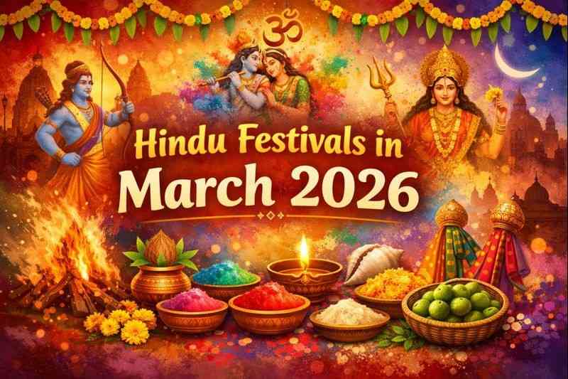 Hindu festivals in March 2026 including Holi, Chaitra Navratri, Rama Navami, Ekadashi vrats, and Hindu New Year celebrations