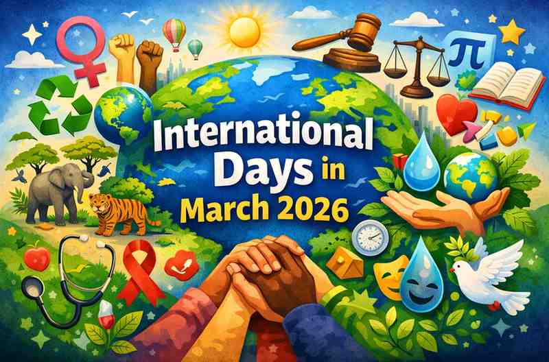 International Days in March 2026 showing global awareness events for women’s rights, environment, health, equality, and sustainability