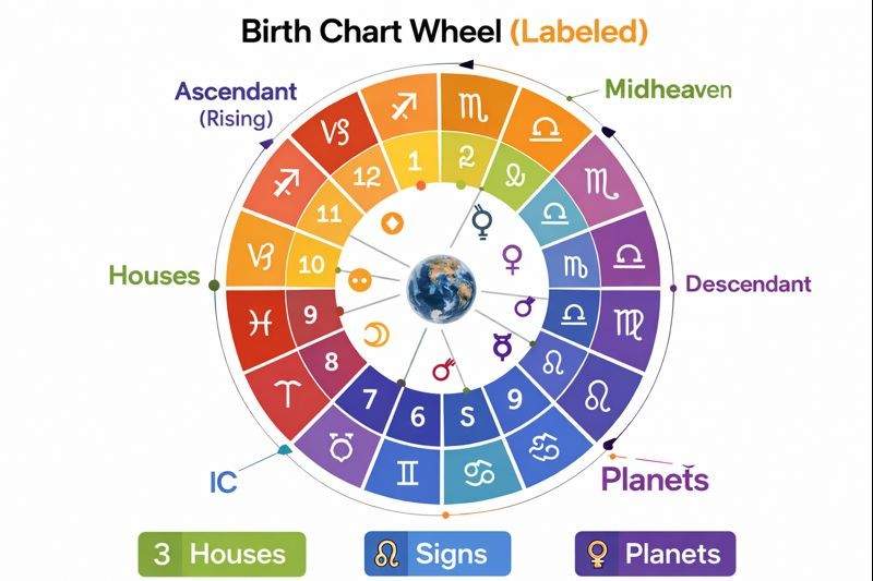 Labeled birth chart wheel showing zodiac signs, houses, planets, ascendant, descendant, midheaven and IC