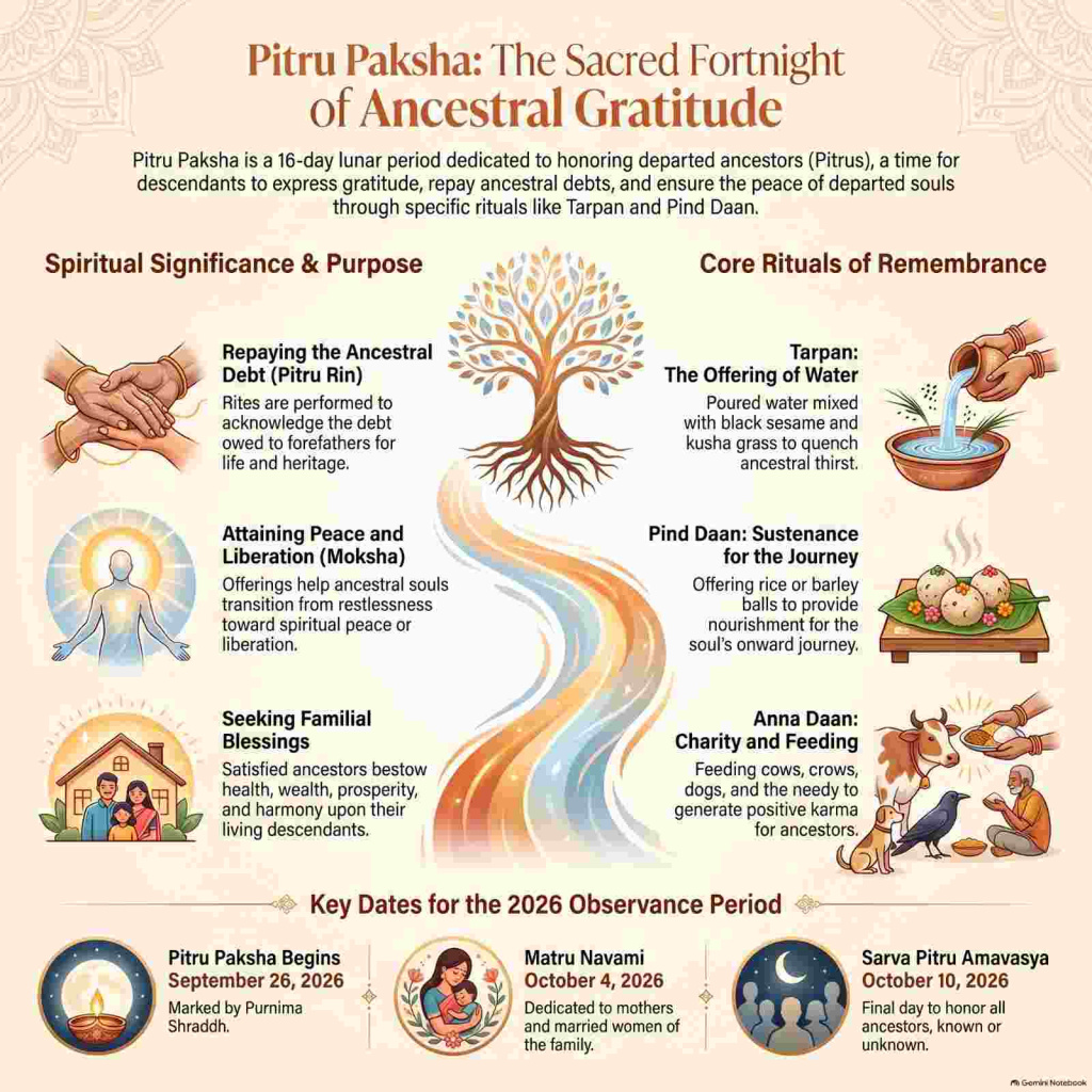 Pitru Paksha ancestral gratitude guide infographic showing rituals and spiritual significance