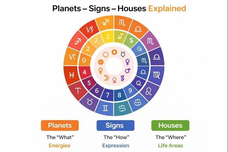 Planets signs and houses diagram explaining how energies, zodiac signs, and life areas work together in a birth chart
