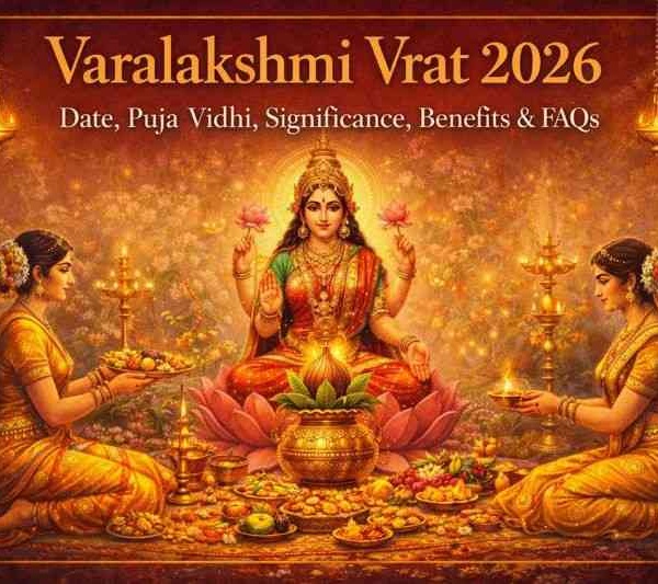 Varalakshmi Vrat 2026 puja rituals with Goddess Lakshmi and women performing vrat offerings