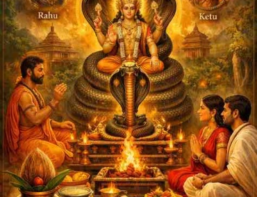 Ashlesha Bali Puja ritual illustration showing Lord Subramanya with serpent Vasuki, priest performing homa, and couple praying for Sarpa Dosha relief.
