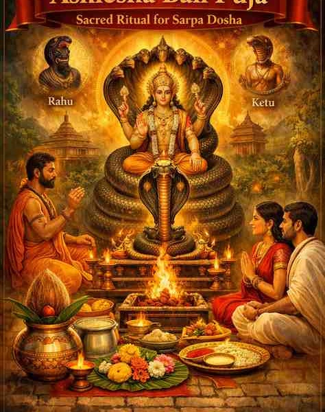 Ashlesha Bali Puja ritual illustration showing Lord Subramanya with serpent Vasuki, priest performing homa, and couple praying for Sarpa Dosha relief.
