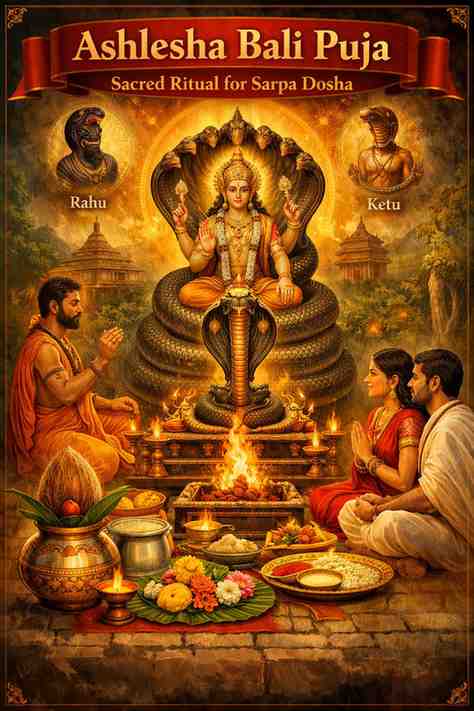 Ashlesha Bali Puja ritual illustration showing Lord Subramanya with serpent Vasuki, priest performing homa, and couple praying for Sarpa Dosha relief.