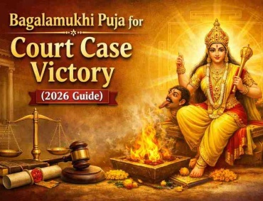 Bagalamukhi Puja for court case victory 2026 guide featuring Maa Bagalamukhi with havan fire, justice scales and gavel symbolizing legal success