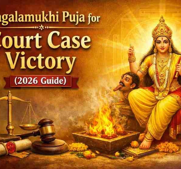 Bagalamukhi Puja for court case victory 2026 guide featuring Maa Bagalamukhi with havan fire, justice scales and gavel symbolizing legal success