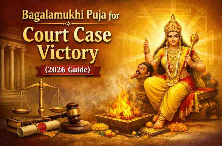 Bagalamukhi Puja for court case victory 2026 guide featuring Maa Bagalamukhi with havan fire, justice scales and gavel symbolizing legal success