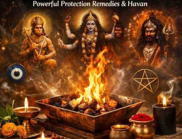 Black magic removal puja havan with sacred fire, Hanuman, Maa Kali, and Bhairav for powerful spiritual protection and negative energy cleansing.