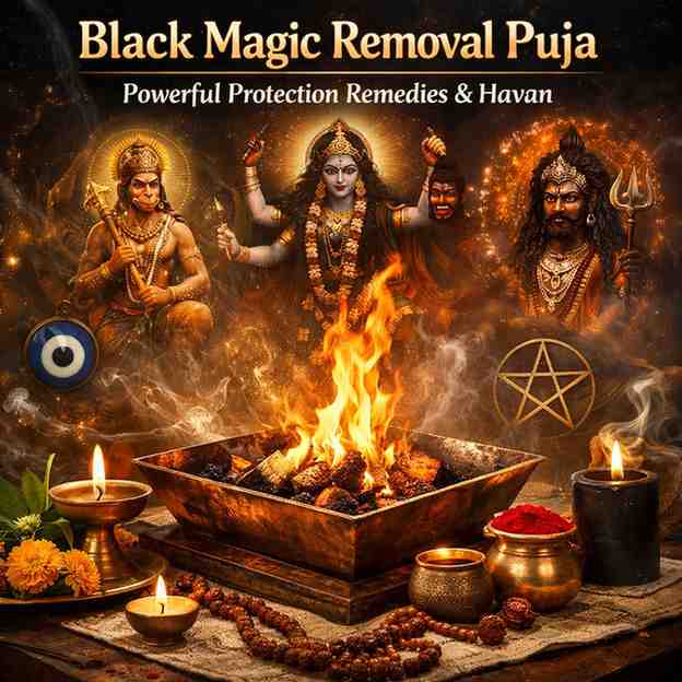 Black magic removal puja havan with sacred fire, Hanuman, Maa Kali, and Bhairav for powerful spiritual protection and negative energy cleansing.
