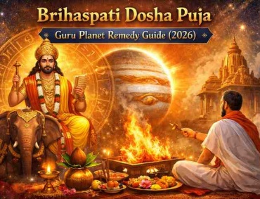Brihaspati Dosha Puja ritual with Lord Guru seated on elephant, Jupiter planet backdrop, sacred havan fire and priest performing Guru remedy ceremony