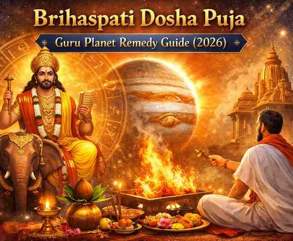 Brihaspati Dosha Puja ritual with Lord Guru seated on elephant, Jupiter planet backdrop, sacred havan fire and priest performing Guru remedy ceremony
