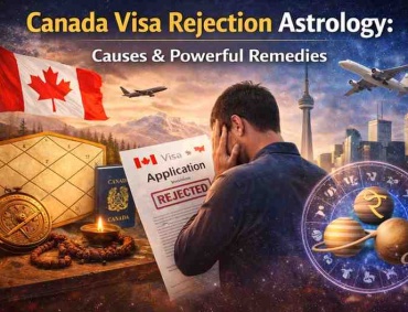 Canada visa rejection astrology illustration showing rejected visa application, birth chart, and planetary symbols for immigration delays
