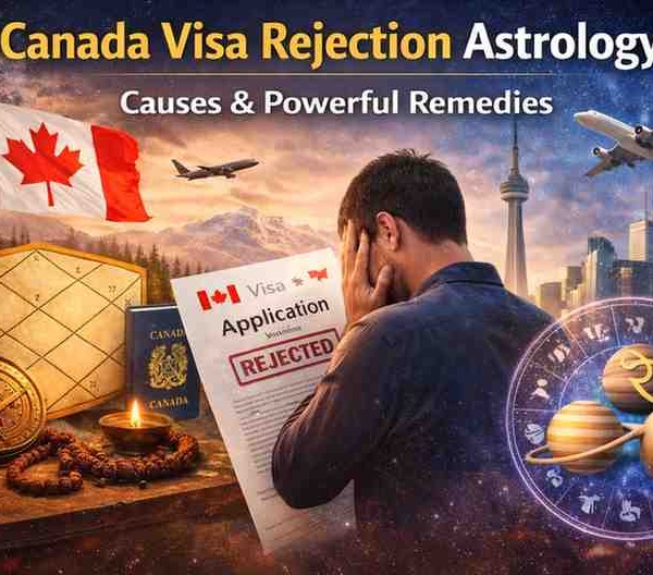 Canada visa rejection astrology illustration showing rejected visa application, birth chart, and planetary symbols for immigration delays