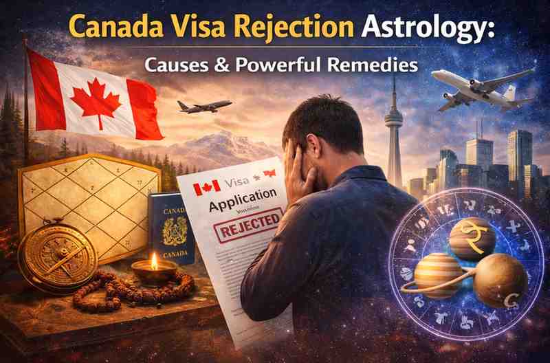 Canada visa rejection astrology illustration showing rejected visa application, birth chart, and planetary symbols for immigration delays
