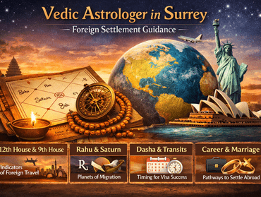 alt="Vedic astrologer in Surrey explaining foreign settlement astrology including 12th house Rahu Saturn dasha and visa timing"