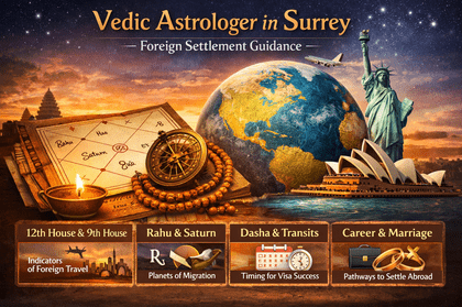 alt="Vedic astrologer in Surrey explaining foreign settlement astrology including 12th house Rahu Saturn dasha and visa timing"